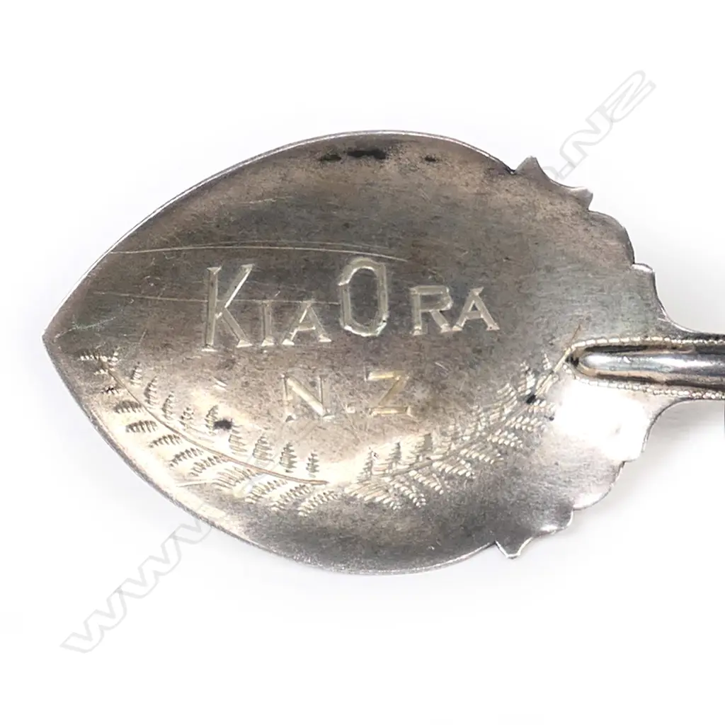 Alf.M. Skeates (Auckland) silver and pounamu souvenir preserve spoon, Image 1++